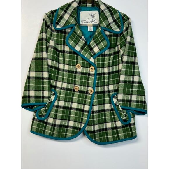 Anthropologie Jackets & Blazers - Anthropologie Tabitha Plaid Peacoat 3/4 Sleeve Womens M Green Cream Blue Piping